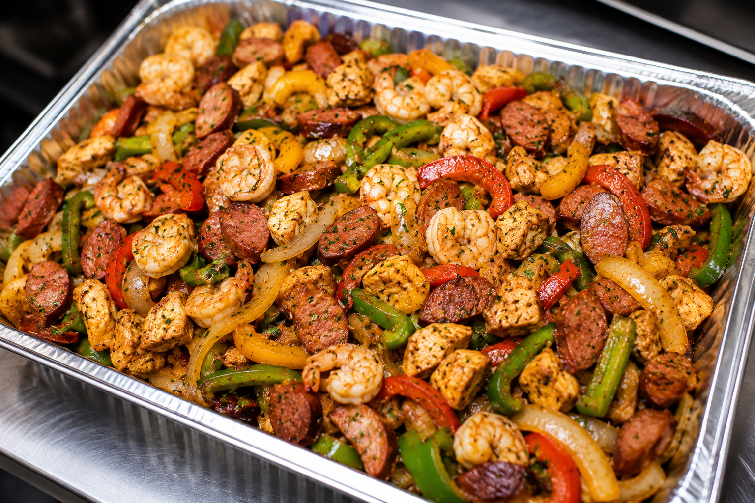 Catering tray with shrimp, sausage, chicken, and peppers