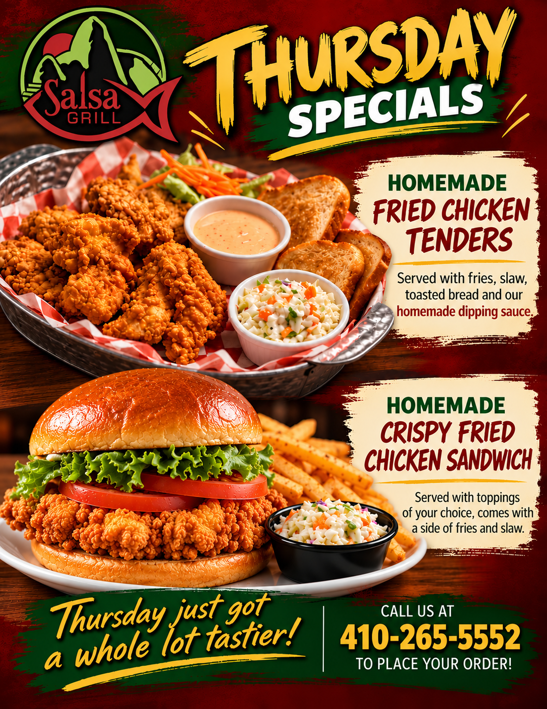 Thursday Specials: Homemade Fried Chicken Tenders and Homemade Crispy Fried Chicken Sandwich