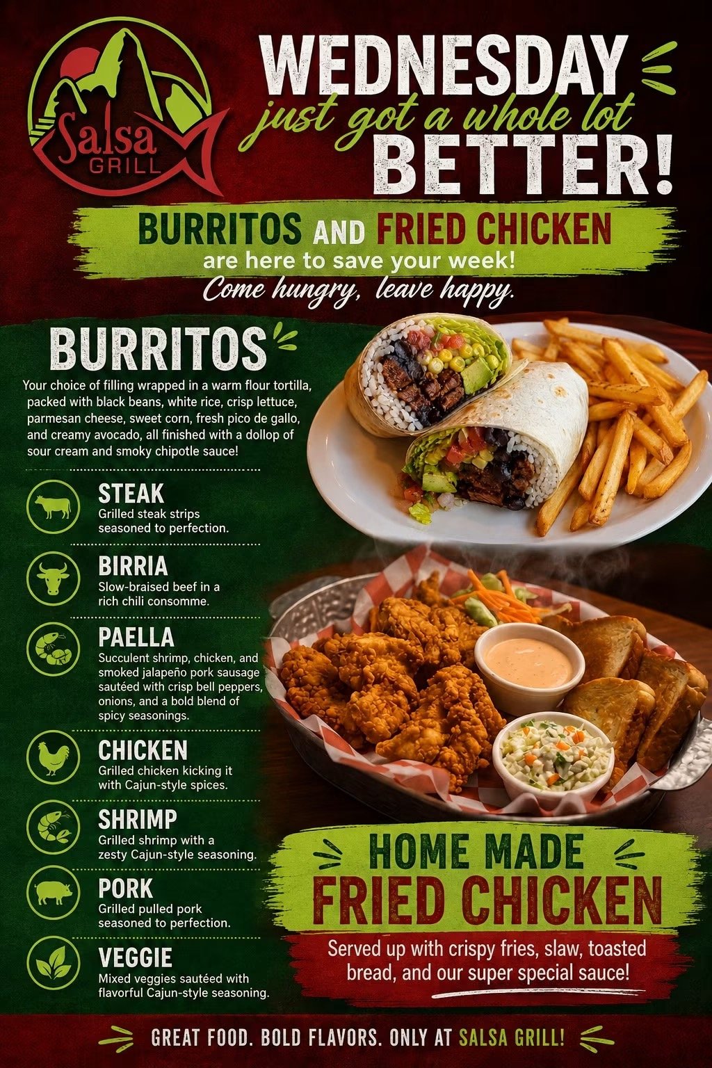Salsa Grill Wednesday specials featuring burritos and homemade fried chicken